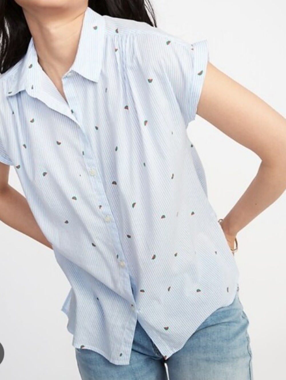 Retro Light Blue Striped Cap-Sleeve Button-Up Top